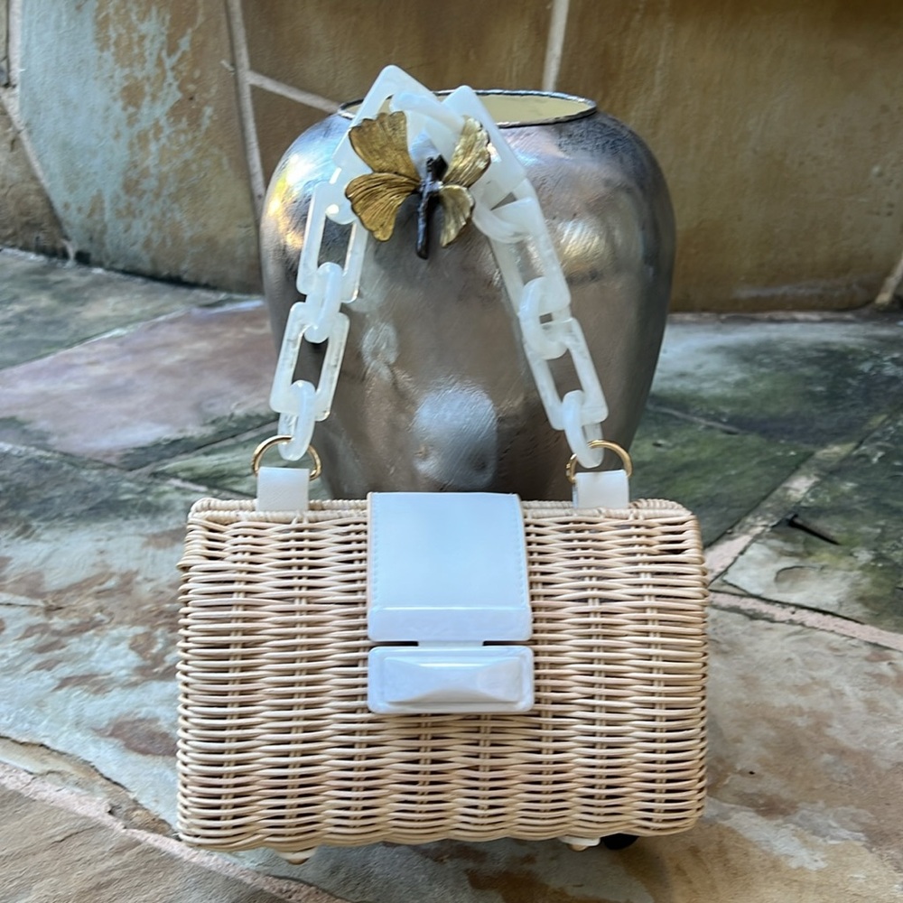 btb Bamboo Mini Purse. White Tortoise Like Strap and White Vinyl Accents.